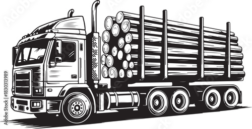 Logging truck filled with timber vector illustration with black color filling against transparent background is for transport of natural resources