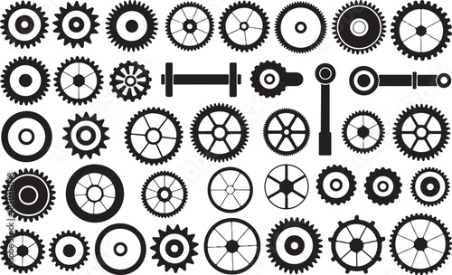 Cogwheel gear mechanism parts set vector collection of industrial machine engineering elements isolated on transparent background various styles