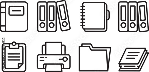 Stationery Items Line Art Icon Set Including Notebooks Binders Clipboard Printer Folder and Stack of Papers Around Work Place 130 Characters