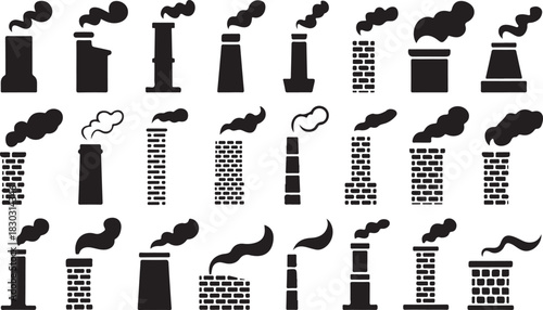 Industrial Silhouette Set with Factory Chimneys Billowing Smoke Pollution From Plant Structures and Air Contamination Against Transparent Backdrop 130