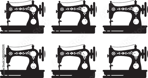 Sewing Machine Silhouette Set Featuring Classic Designs Used in Tailoring and Textile Crafting Against Transparent Background 130 Characters