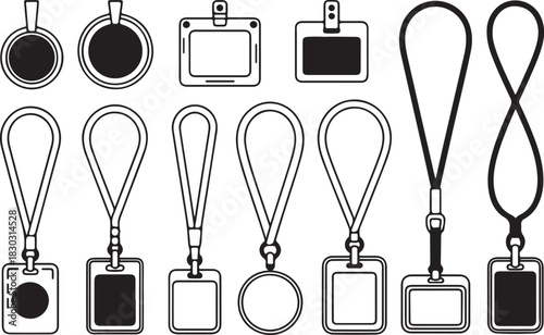 Set of Identification Badges with Lanyard, Id Card Holders, Employee Pass for Office, Events and Conferences Flat Vector Illustration