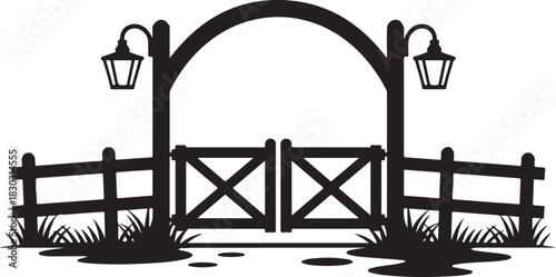 Rural Farm Gate Entrance with Wooden Fence and Lanterns Flat Vector Illustration for Countryside or Agricultural Theme Isolated on White