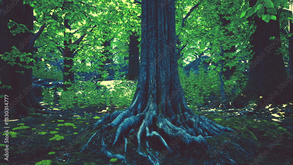 Fototapeta premium Deep roots intertwine beneath a grand tree, surrounded by vibrant green foliage in a serene forest. Morning light filters through leaves, illuminating natures beauty in harmony.