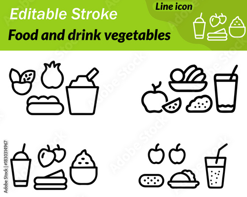 A clean vector icon showing a mix of fresh vegetables such as a tomato carrot and leafy greens. Simple outlines highlight natural food and healthy eating perfect for menus grocery apps nutrition.