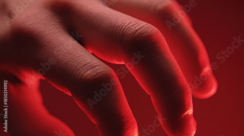 Close up of hand illuminated by red light creating dramatic texture and biohacking longevity mood