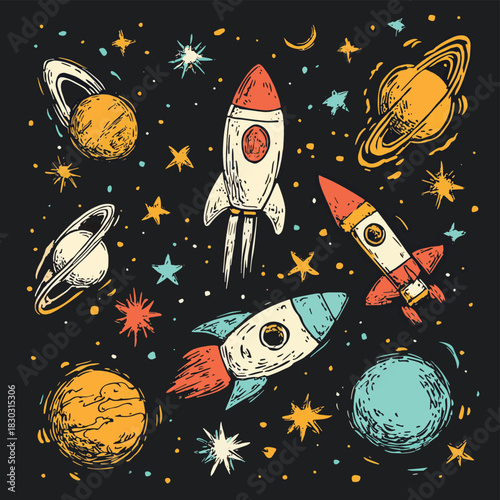 Space hand drawn objects , vector style simple color