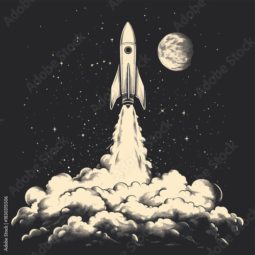 rocket launch from planet.Black and white version , vector style simple color