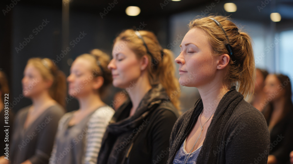 Obraz premium Biohacking and longevity meditation session with woman practicing mindful breathing in group