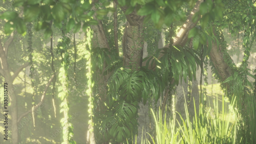 Naklejka premium Sunlight streams through dense foliage in a vibrant jungle scene. Lush leaves and towering trees create a tranquil atmosphere, inviting nature lovers to explore the serene beauty.