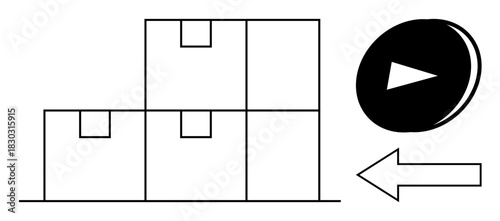 Stacked packages arranged neatly with an arrow pointing left and a play button signifying delivery, logistics, progress, storage, e-commerce, coordination, and minimalism, simple flat metaphor