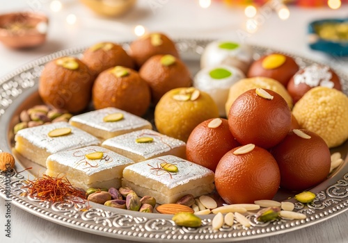 Assorted Indian Festive Sweets on Decorative Silver Platter