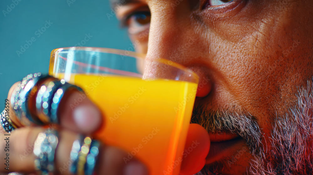 Fototapeta premium Biohacking longevity man drinking orange juice close up portrait with rings and textured skin showing wellness focus