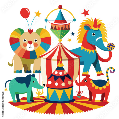 Colorful Circus Animals Playful Entertaining Show Vector Illustration