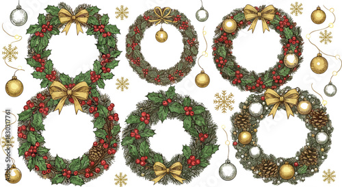 Hand-Drawn Vintage Engraving Style Collection of Six Detailed Christmas Holiday Wreaths Featuring Holly, Red Berries, Pine Cones, Gold Ribbons, and Festive Ornaments, Isolated on White Background.