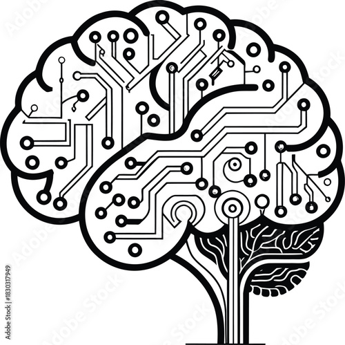 Illustration of a brain with circuit board pattern in black and white on a white background design