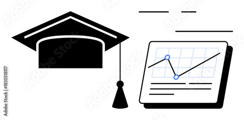 Graduation cap with a tassel beside a data graph, symbolizing education, analytics, and success. Ideal for learning, career growth, innovation, training, strategy development simple flat metaphor