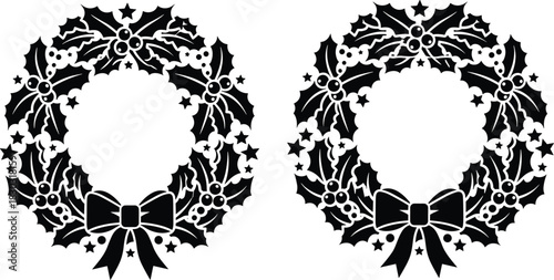 Identical Pair of Minimalist Black Silhouette Vector Christmas Wreaths, Richly Decorated with Holly Leaves, Berries, Tiny Stars, and a Decorative Ribbon Bow, Isolated on White Background.