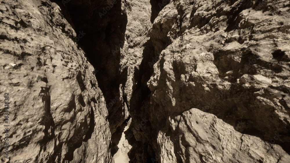 Fototapeta premium Sunlight filters into a narrow canyon, illuminating the rugged rock walls. The steep cliffs rise dramatically, creating a sense of adventure and mystery in this natural wonder.