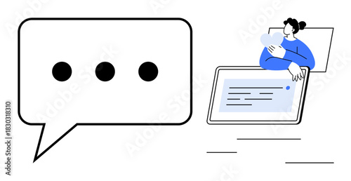 Messaging concept. Messaging with a chat bubble and a person holding a heart shape beside a tablet. Messaging for communication, apps, customer support, and social media. Usage communication tools