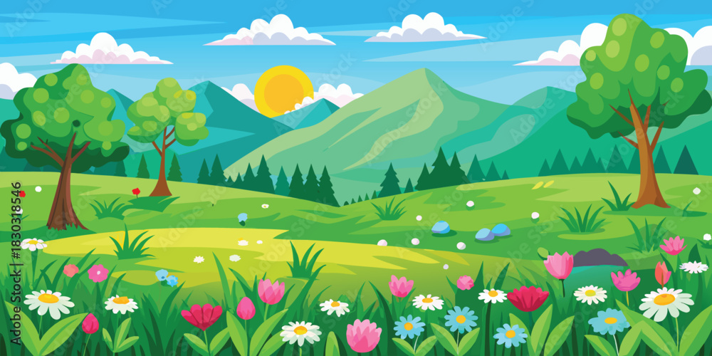 Naklejka premium Vibrant Spring Green Meadow Fresh Seasonal Nature Vector Illustration