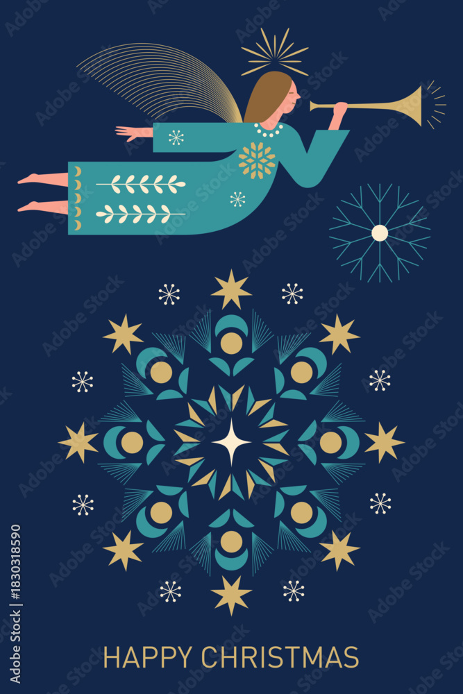 Obraz premium Christmas card. Christmas Angel with Horn . Christmas Angel Blowing Trumpet . Greeting card. Vertical Merry Christmas card, banner and poster design.