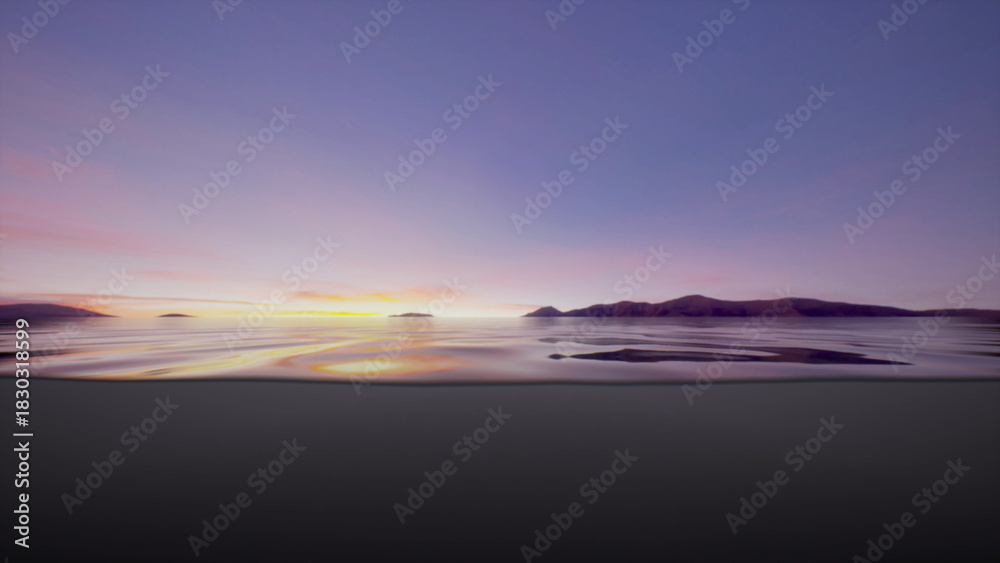 Fototapeta premium Gentle waves lap at the shore as the sun begins to rise, painting the sky in shades of orange and pink. Silhouettes of distant islands create a serene backdrop against the calm water.