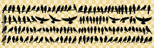 Silhouette birds perched on branches and flying against a checkered background create a pattern design