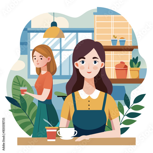 Young Women In Cafe Relaxing Social Lifestyle Vector Illustration
