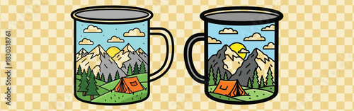 Two camping mugs showcase a scenic mountain landscape with a tent trees and a bright yellow sun