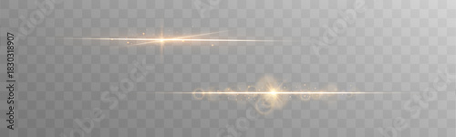 A golden streak flows horizontally with shimmering brilliance and warm radiant glow. Tiny glitter sparks follow the curve of the line. Perfect as an elegant divider for luxury compositions. Vector.