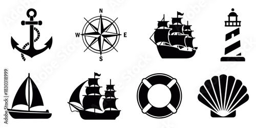 Minimal nautical icon set featuring ship wheels, anchors, sailing boats, lighthouse and sea elements in clean monochrome vector style, perfect for travel, marine, ocean themed branding and designs