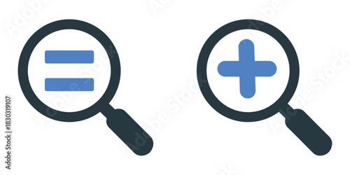 magnifying glass icons with plus and equal symbols, clean magnifying glass icon set featuring plus and equal symbols perfect for search tools, interfaces, apps, data graphics 