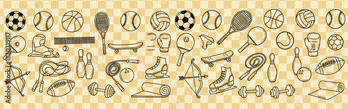 Hand drawn sports equipment including balls rackets skates and weights on a checkered background