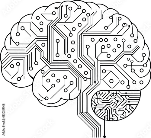 A black and white illustration of a brain with circuit board patterns and connections inside it