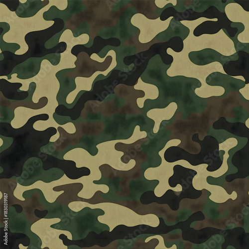 Camouflage Pattern Texture: A seamless camouflage pattern, a strategic blend of muted greens, browns, and blacks, ideal for evoking a sense of stealth and concealment. 