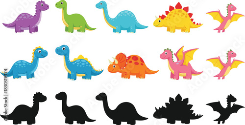 Cartoon dinosaurs with matching silhouettes, colorful prehistoric animals, kids learning game, educational activity set, playful character flat vector illustration