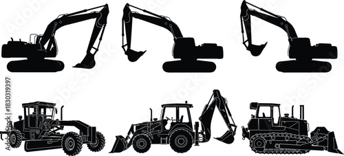 Construction equipment silhouettes, heavy machinery icons, earthmoving vehicle shapes, industrial gear design asset, excavation and grading tools, flat vector