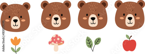 Cartoon bear faces with flower, mushroom, leaves, apple, cute animal expressions, matching objects, educational kids design, playful flat vector illustration