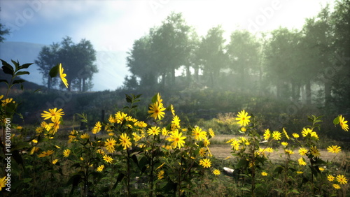 Billede på lærred Golden yellow flowers stretch toward the sun, illuminating a peaceful meadow