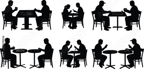 Board game silhouettes, two players seated, tabletop strategy interaction, gaming pose illustration, flat vector, black outline, leisure activity
