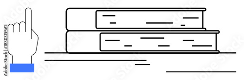 Hand pointing upward next to stacked books, representing research, education, information access, library, literacy, academic study, and self-learning. Ideal for simple flat metaphor