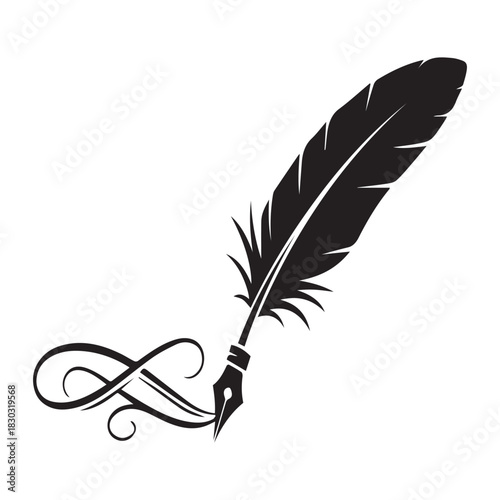Classic black feather quill pen with decorative ink flow design