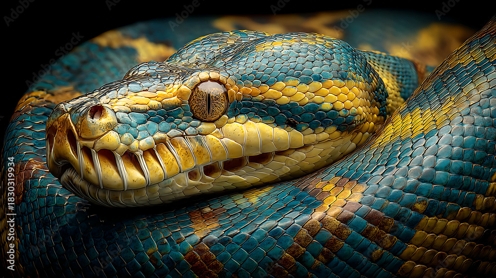 Fototapeta premium coiled python snake with bright vibrant scales in indonesia representing exotic wildlife reptiles natural forest environment and textures