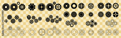 Collection of black and white gear illustrations on a checkered background for mechanical designs