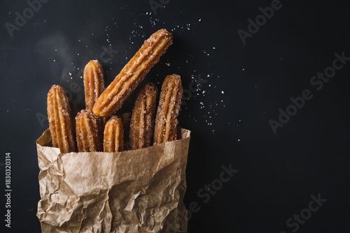 Churros on black background. Traditional Spanish food. Churros in a paper bag. High angle view.