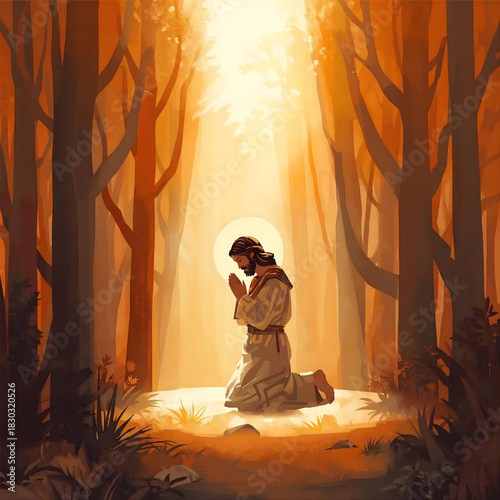 Praying Serenity: A figure kneels in a sunlit glade, head bowed in prayer, exuding serenity amidst a tranquil forest.
