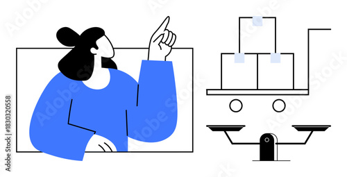 Woman gestures toward a balance scale and stacked boxes on a cart, symbolizing analysis, logistics, equality, justice, delivery, planning, and management. Ideal for simple flat metaphor