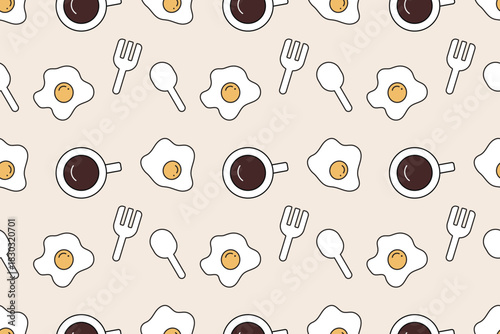 Cute breakfast food pattern with eggs coffee and kitchen utensils seamless repeat pattern background