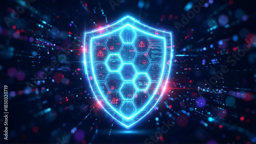 Cyber Security Shield: A futuristic digital shield icon, glowing with neon blue light.